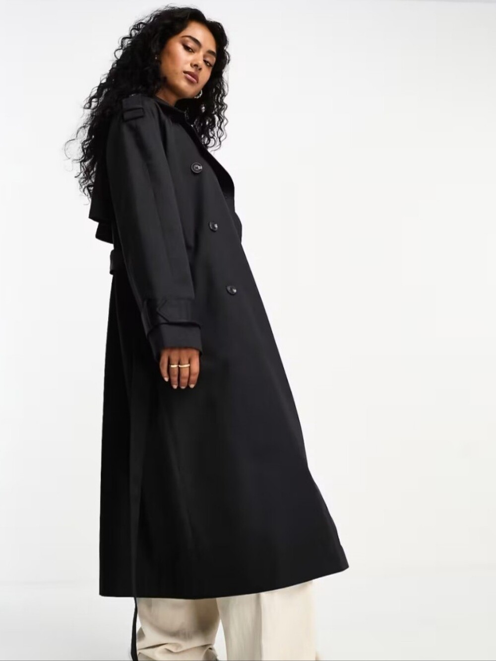 ASOS DESIGN Womens US Size 12 Black Tie Waist Pocketed Longline Trench Coat New